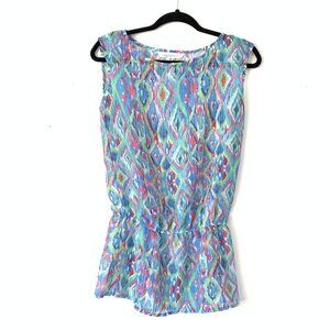 Ella Moss Size M Sleeveless Multicolor Ikat Print Top Elastic Peplum Waistline